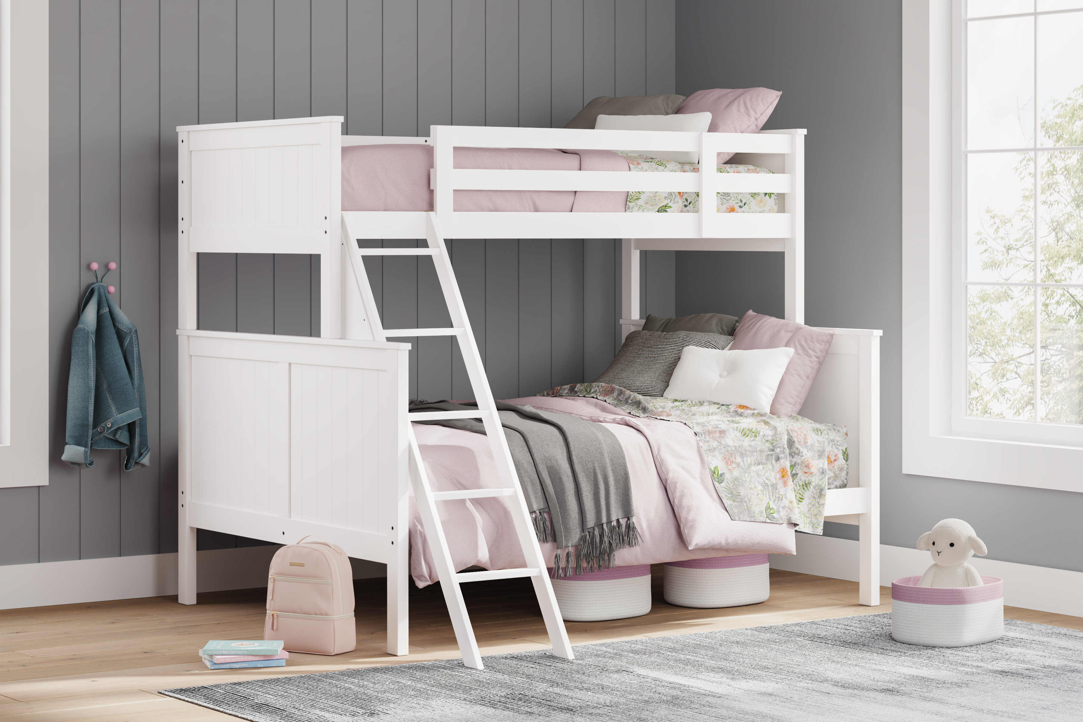 White twin over twin bunk bed.